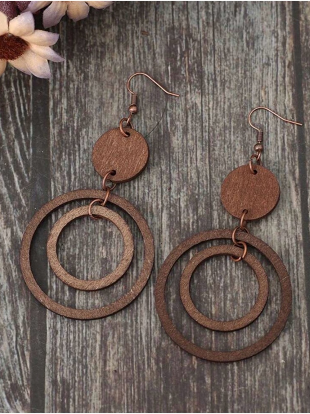 Brown Double Hoop Wood Drop Earrings - Picture 3 of 5